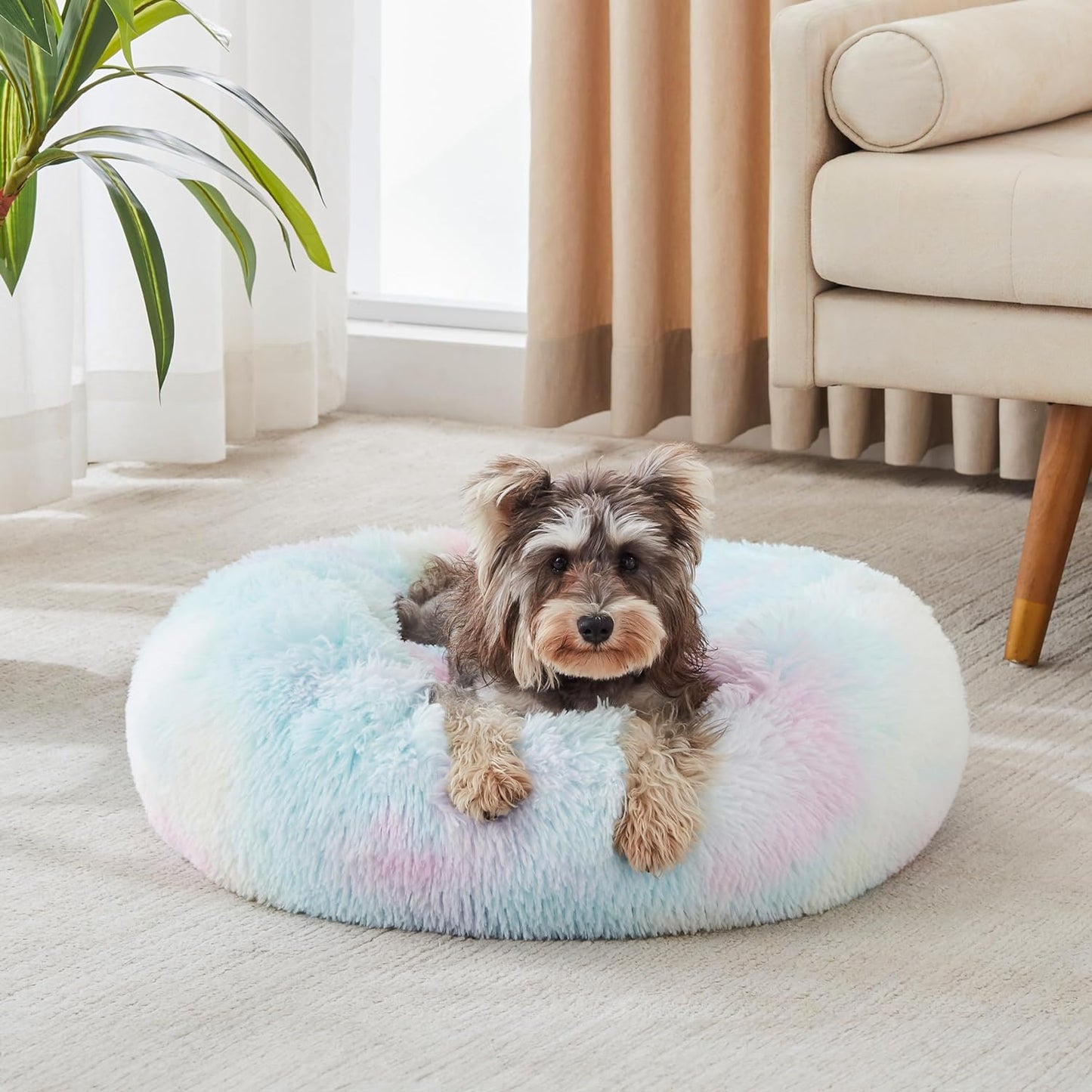 Ultimate Calming Donut Dog & Cat Bed - Cozy Faux Fur Cushion for Small to Medium Pets