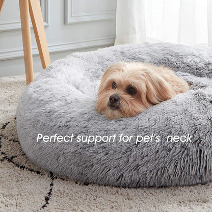 Ultimate Calming Donut Dog & Cat Bed - Cozy Faux Fur Cushion for Small to Medium Pets