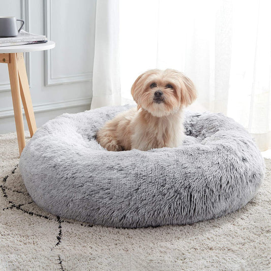 Ultimate Calming Donut Dog & Cat Bed - Cozy Faux Fur Cushion for Small to Medium Pets