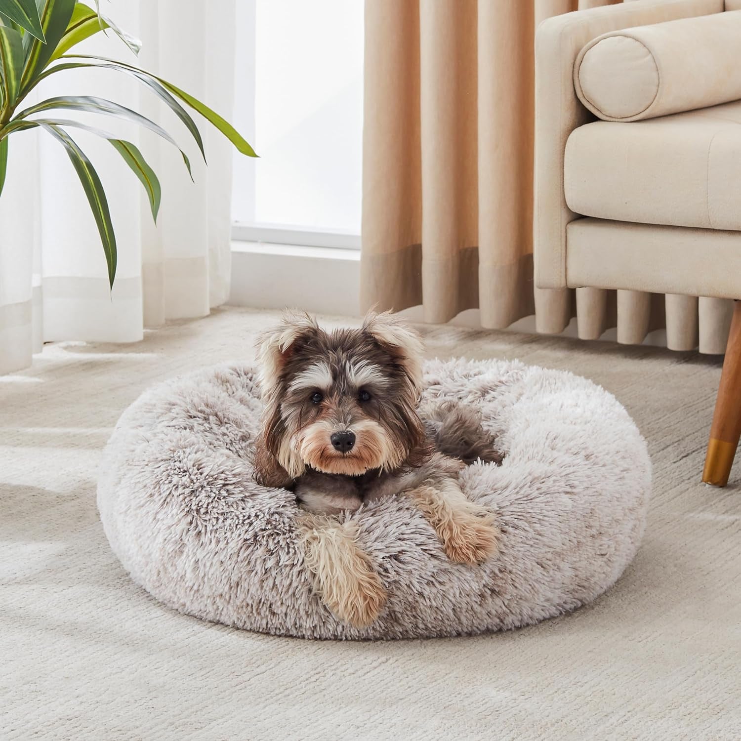 Ultimate Calming Donut Dog & Cat Bed - Cozy Faux Fur Cushion for Small to Medium Pets