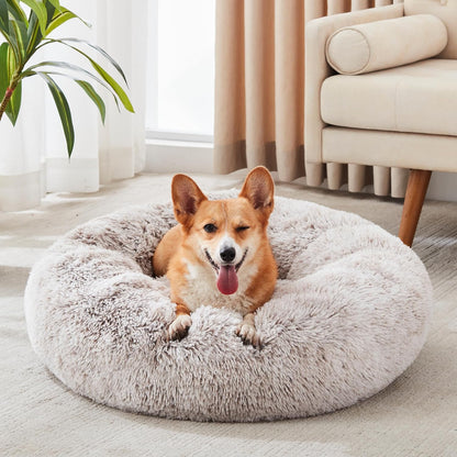 Ultimate Calming Donut Dog & Cat Bed - Cozy Faux Fur Cushion for Small to Medium Pets