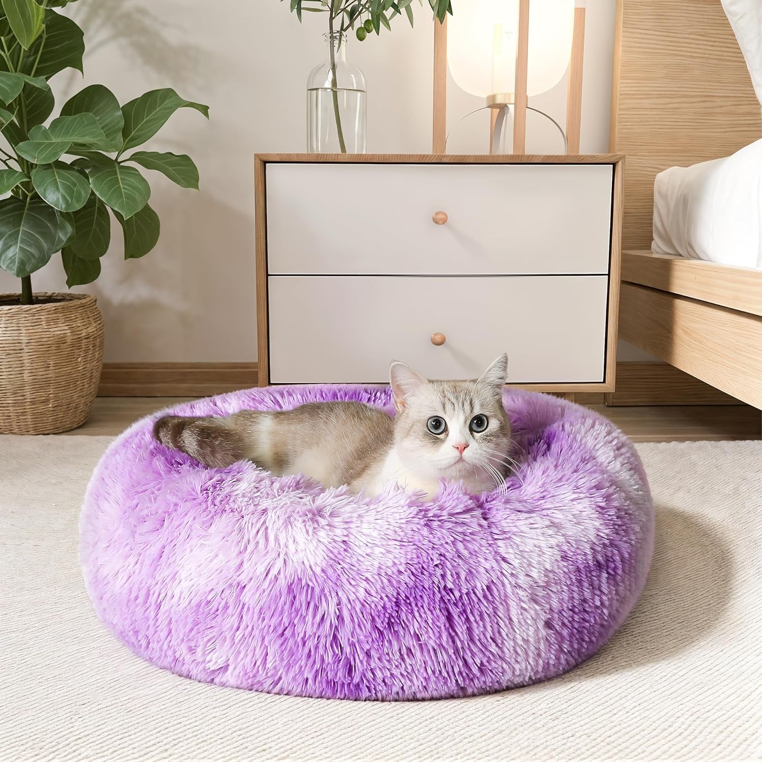 Ultimate Calming Donut Dog & Cat Bed - Cozy Faux Fur Cushion for Small to Medium Pets
