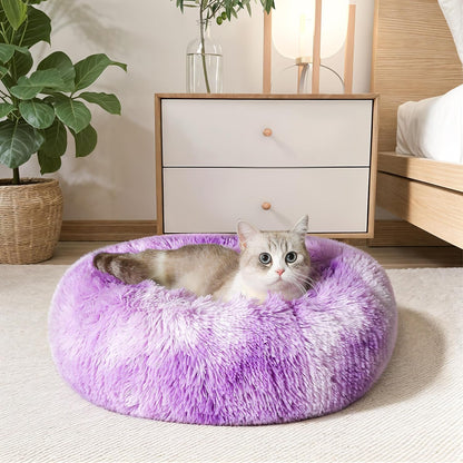Ultimate Calming Donut Dog & Cat Bed - Cozy Faux Fur Cushion for Small to Medium Pets