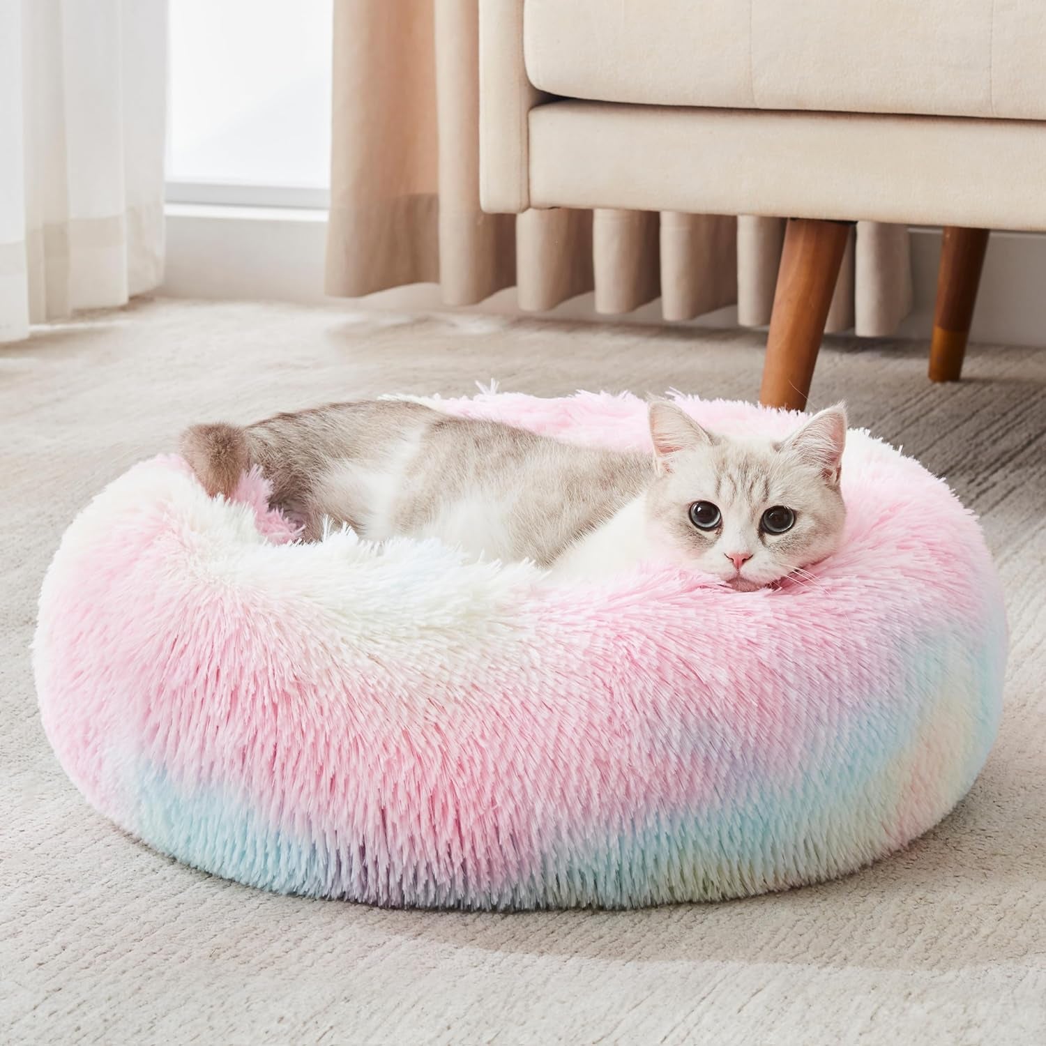 Ultimate Calming Donut Dog & Cat Bed - Cozy Faux Fur Cushion for Small to Medium Pets