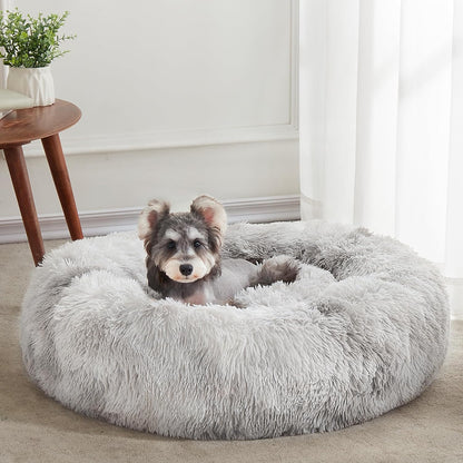 Ultimate Calming Donut Dog & Cat Bed - Cozy Faux Fur Cushion for Small to Medium Pets