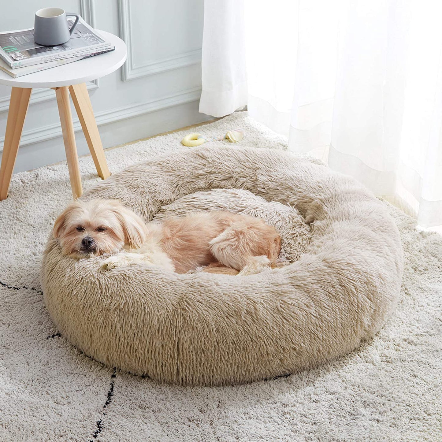Ultimate Calming Donut Dog & Cat Bed - Cozy Faux Fur Cushion for Small to Medium Pets