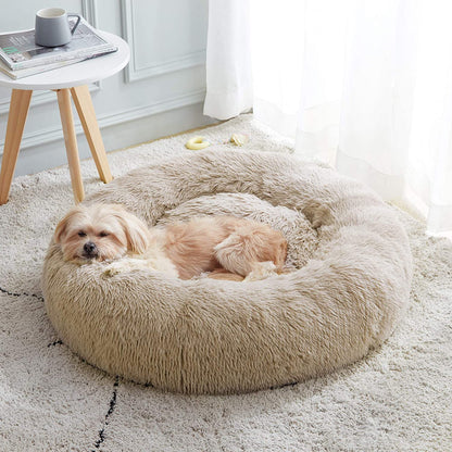 Ultimate Calming Donut Dog & Cat Bed - Cozy Faux Fur Cushion for Small to Medium Pets