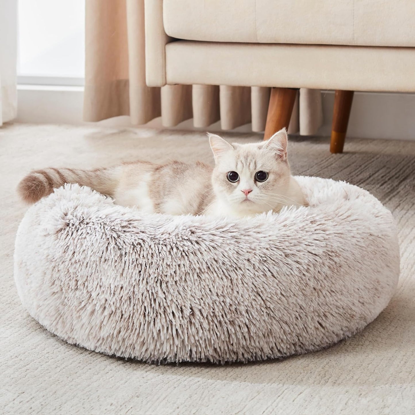 Ultimate Calming Donut Dog & Cat Bed - Cozy Faux Fur Cushion for Small to Medium Pets