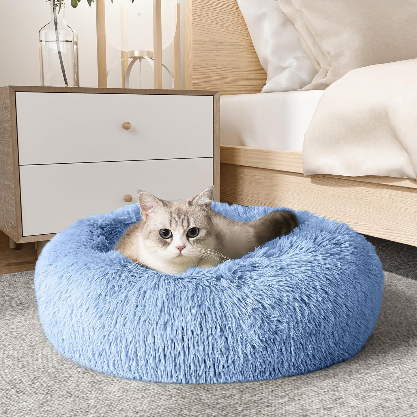Ultimate Calming Donut Dog & Cat Bed - Cozy Faux Fur Cushion for Small to Medium Pets