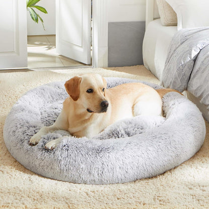 Ultimate Calming Donut Dog & Cat Bed - Cozy Faux Fur Cushion for Small to Medium Pets