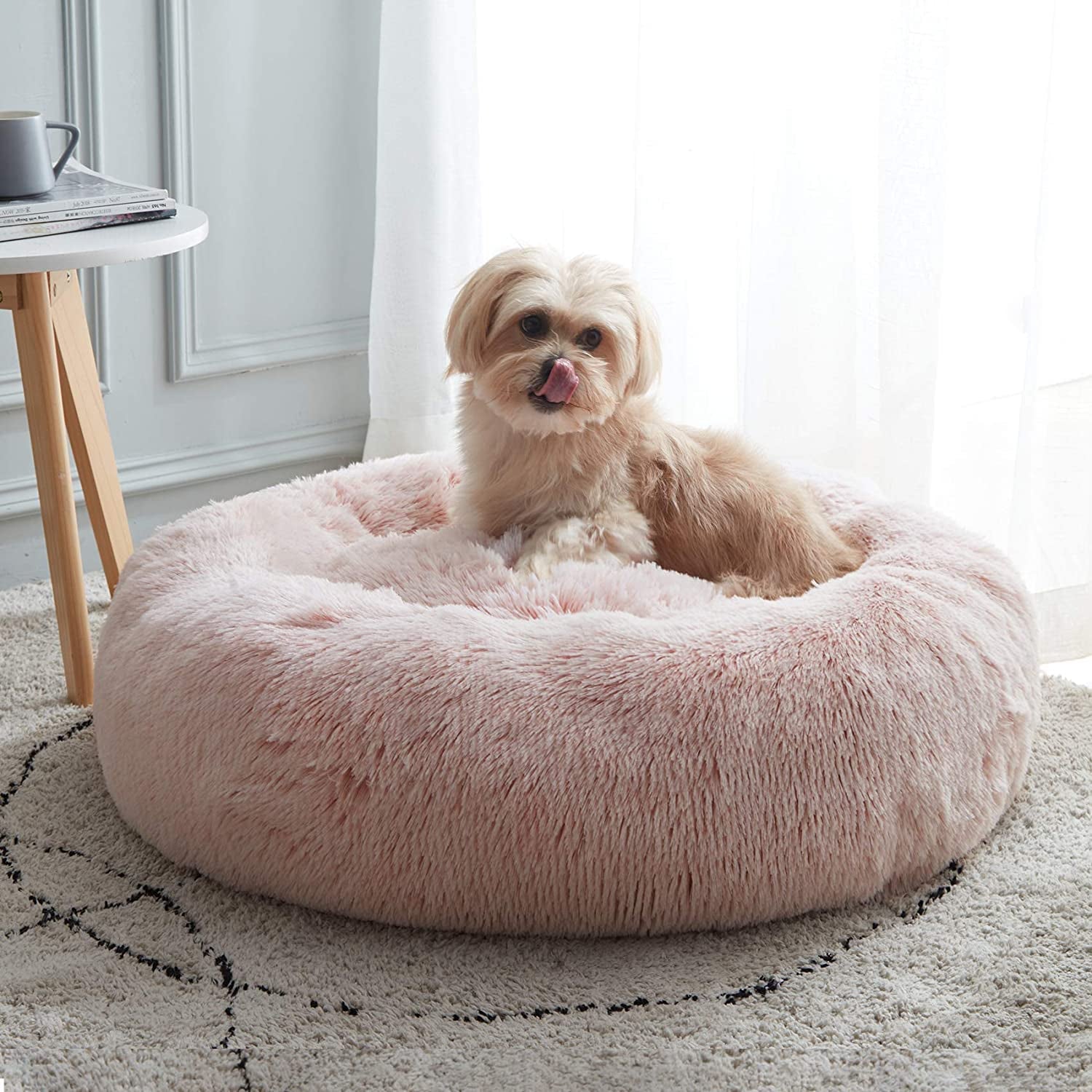 Ultimate Calming Donut Dog & Cat Bed - Cozy Faux Fur Cushion for Small to Medium Pets