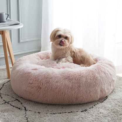 Ultimate Calming Donut Dog & Cat Bed - Cozy Faux Fur Cushion for Small to Medium Pets