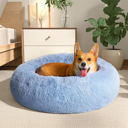 Ultimate Calming Donut Dog & Cat Bed - Cozy Faux Fur Cushion for Small to Medium Pets