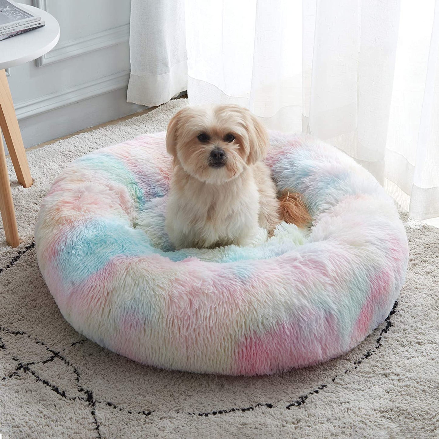 Ultimate Calming Donut Dog & Cat Bed - Cozy Faux Fur Cushion for Small to Medium Pets