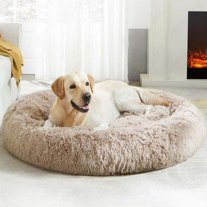 Ultimate Calming Donut Dog & Cat Bed - Cozy Faux Fur Cushion for Small to Medium Pets