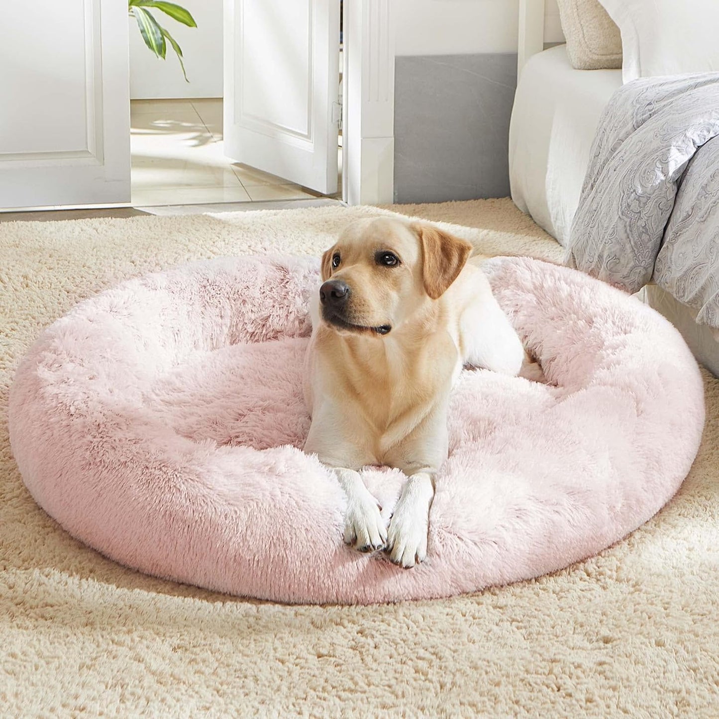 Ultimate Calming Donut Dog & Cat Bed - Cozy Faux Fur Cushion for Small to Medium Pets