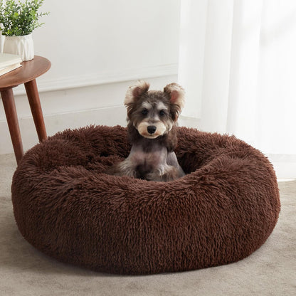 Ultimate Calming Donut Dog & Cat Bed - Cozy Faux Fur Cushion for Small to Medium Pets