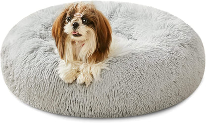 Ultimate Calming Donut Dog & Cat Bed - Cozy Faux Fur Cushion for Small to Medium Pets