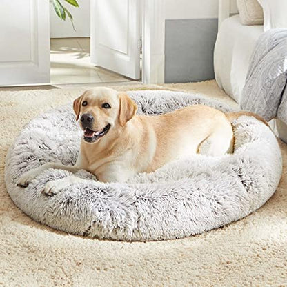 Ultimate Calming Donut Dog & Cat Bed - Cozy Faux Fur Cushion for Small to Medium Pets
