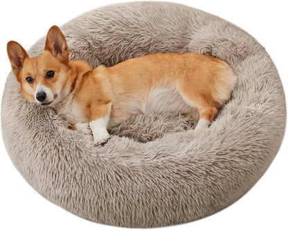 Ultimate Calming Donut Dog & Cat Bed - Cozy Faux Fur Cushion for Small to Medium Pets