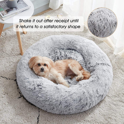 Ultimate Calming Donut Dog & Cat Bed - Cozy Faux Fur Cushion for Small to Medium Pets