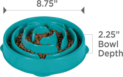 Fun Feeder Slo Bowl – Medium 2‑Cup Capacity, Slow Feeding, Small to Medium Dogs & Cats, Non-Slip, Turquoise, Drop Pattern